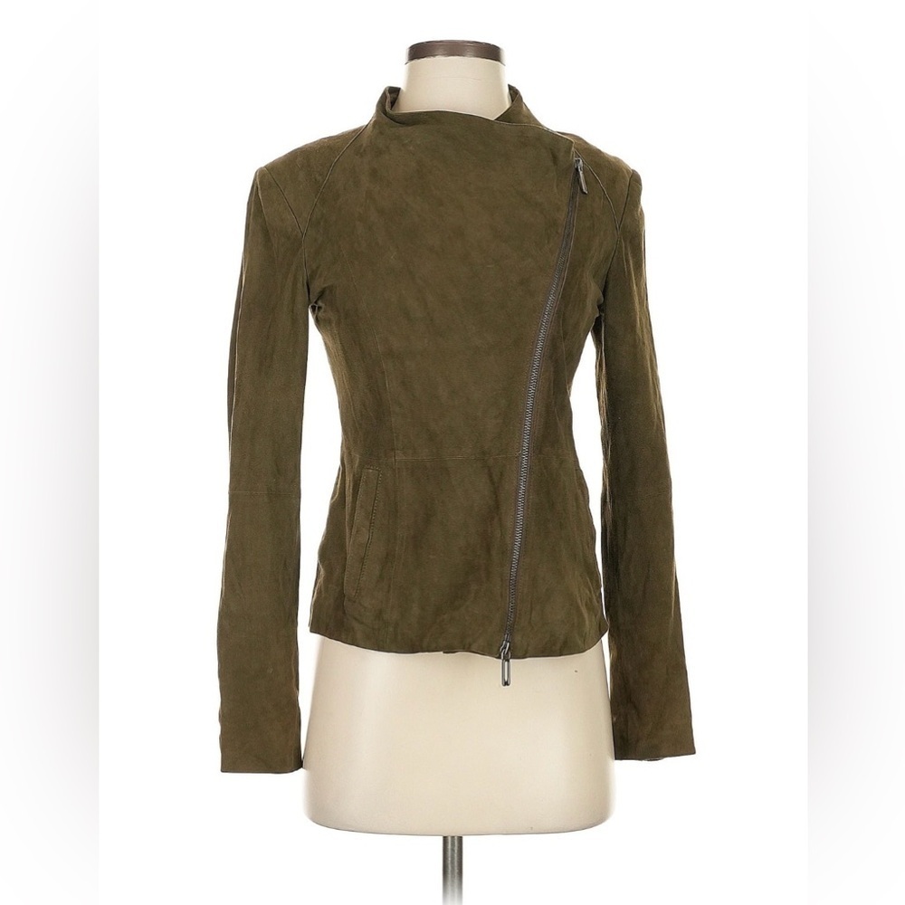 Vince Olive Green Leather Jacket with Asymmetrical Zip